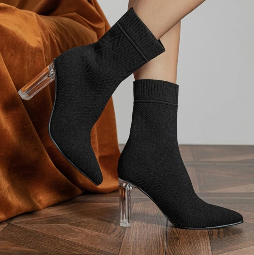 Minimalist black pointy toe clear chunky heel slip on sock shoe boot 38 7